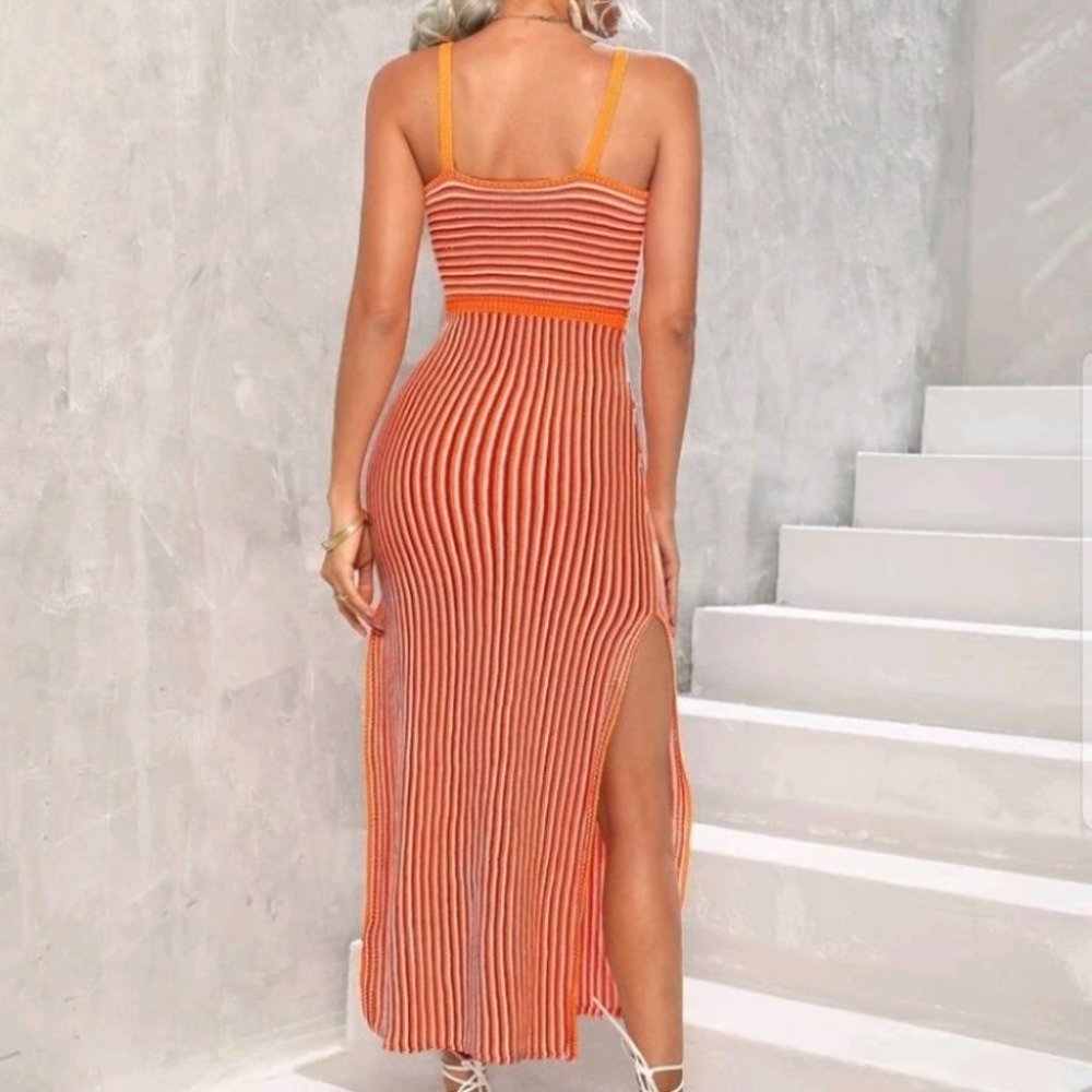 Sherbet striped cutout split hem midi dress summer beachy vacay trendy - Picture 4 of 7